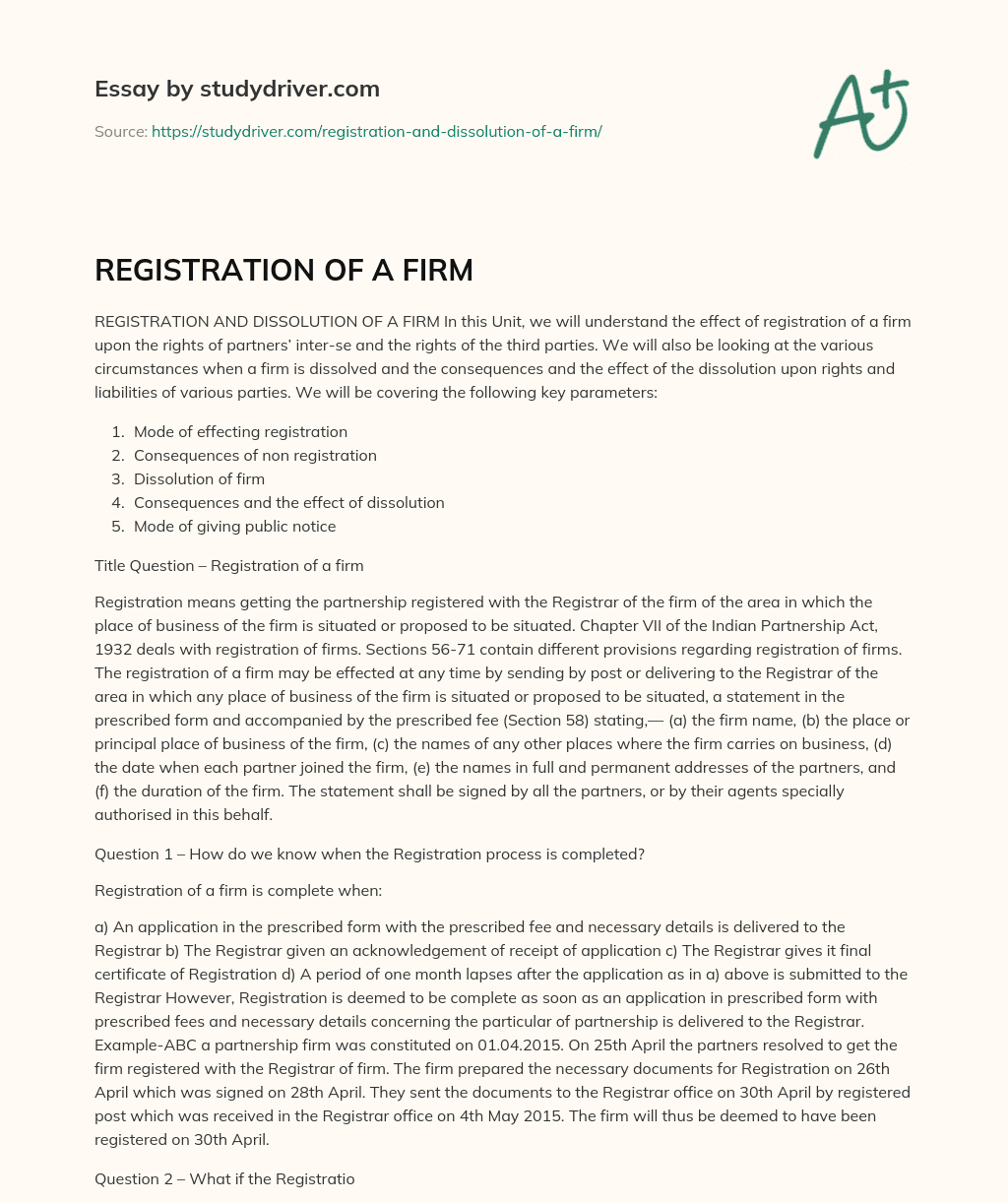 REGISTRATION  of a FIRM essay