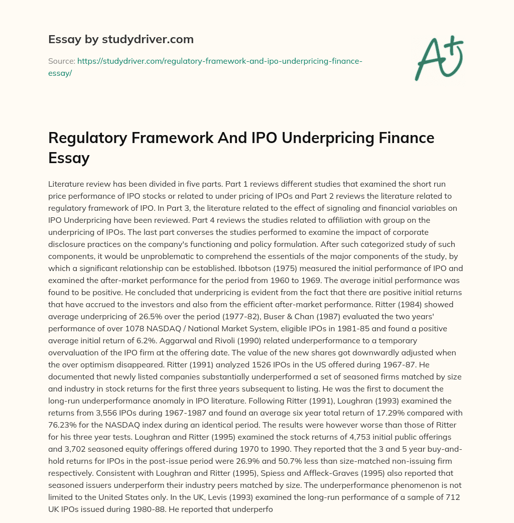 Regulatory Framework and IPO Underpricing Finance Essay essay