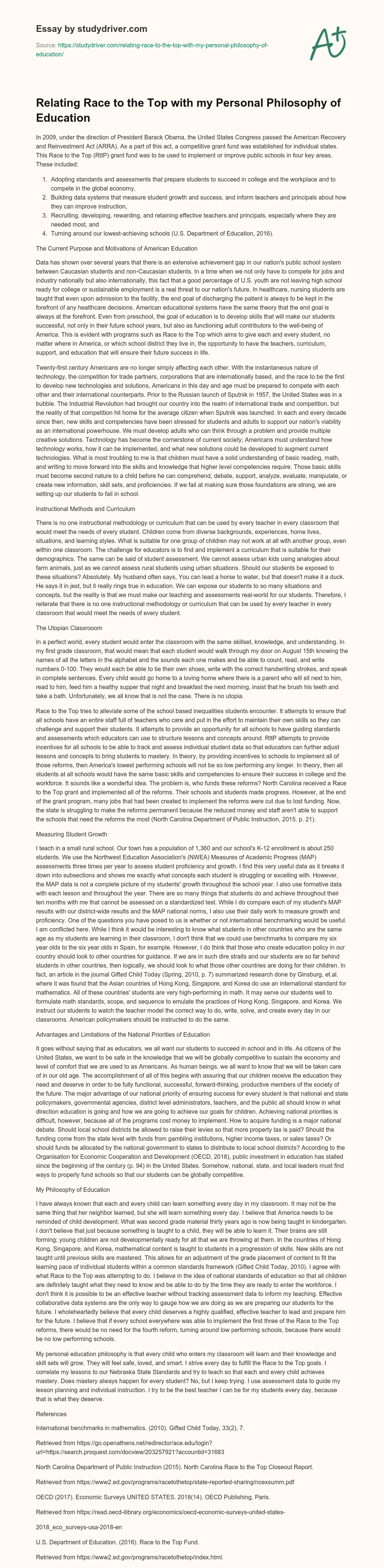 Relating Race to the Top with my Personal Philosophy of Education essay