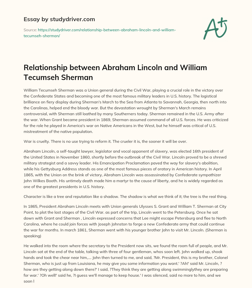 Relationship between Abraham Lincoln and William Tecumseh Sherman essay