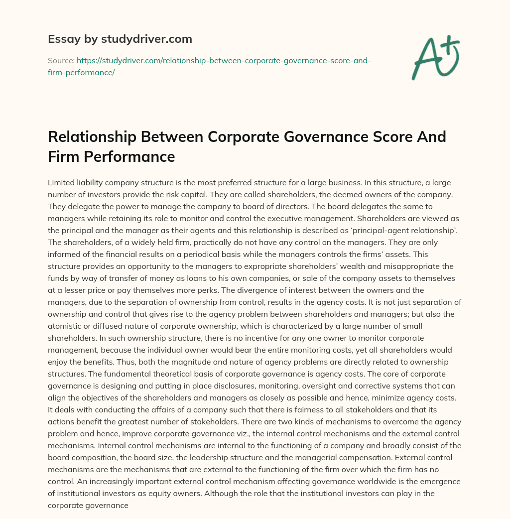 Relationship between Corporate Governance Score and Firm Performance essay