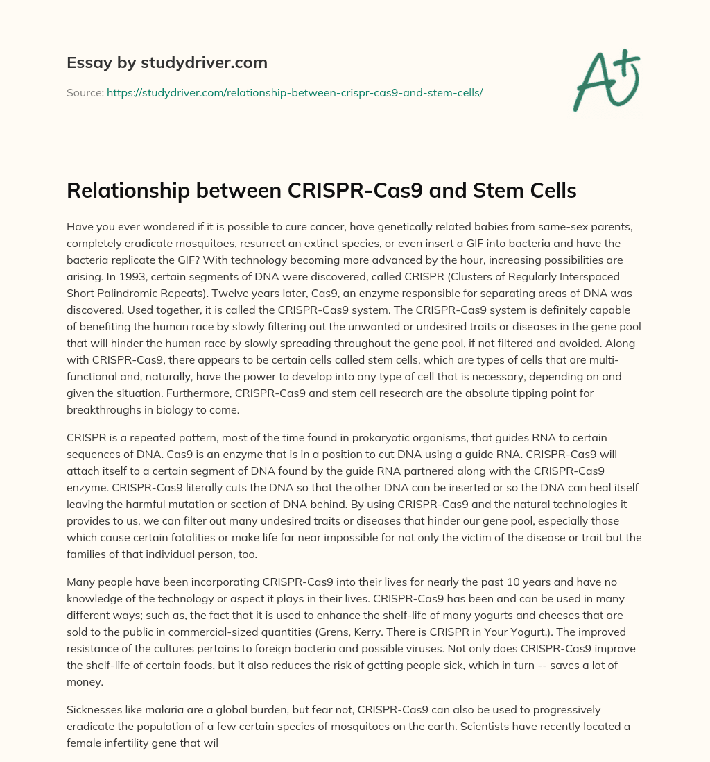 Relationship between CRISPR-Cas9 and Stem Cells essay