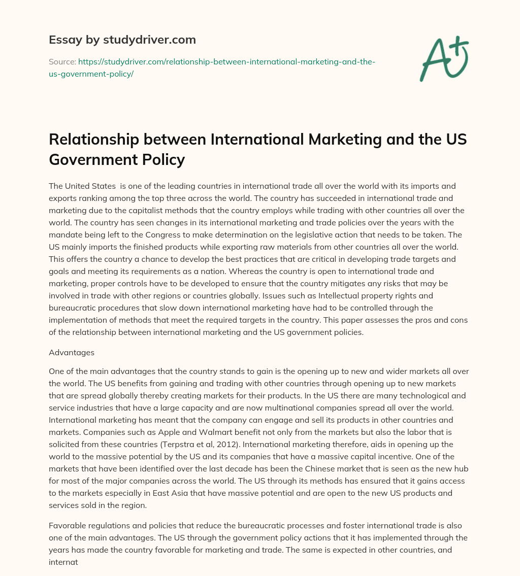 Relationship between International Marketing and the US Government Policy essay