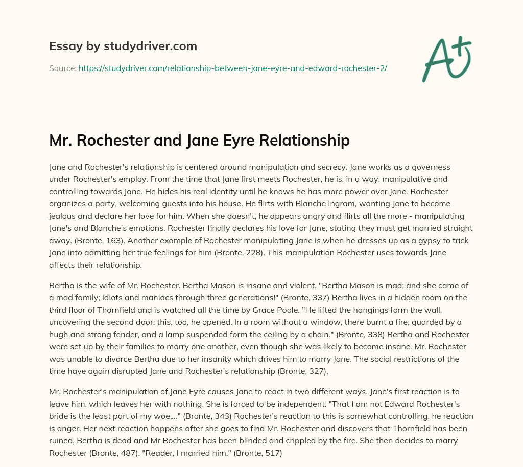 Mr. Rochester and Jane Eyre Relationship essay