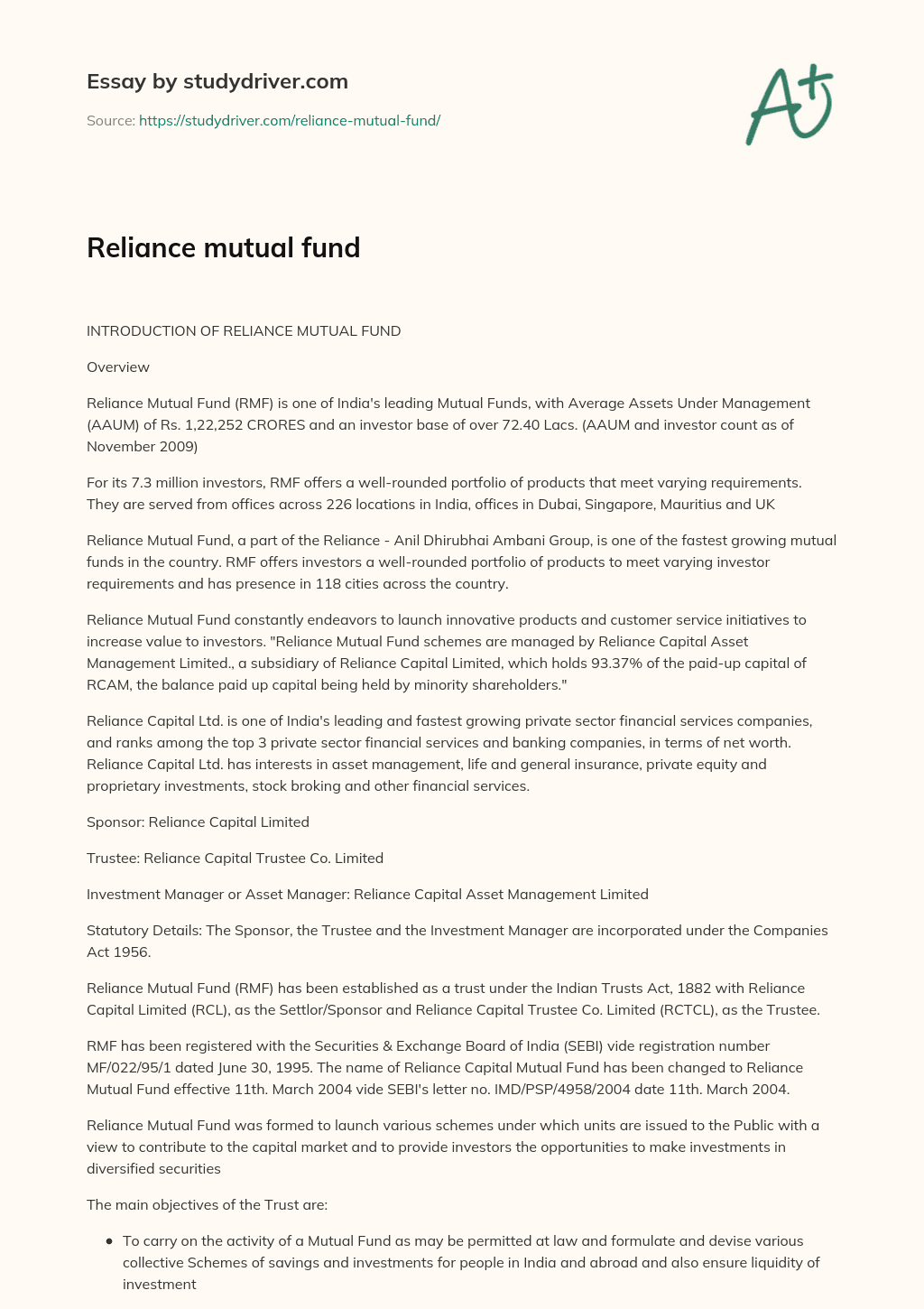 Reliance Mutual Fund essay