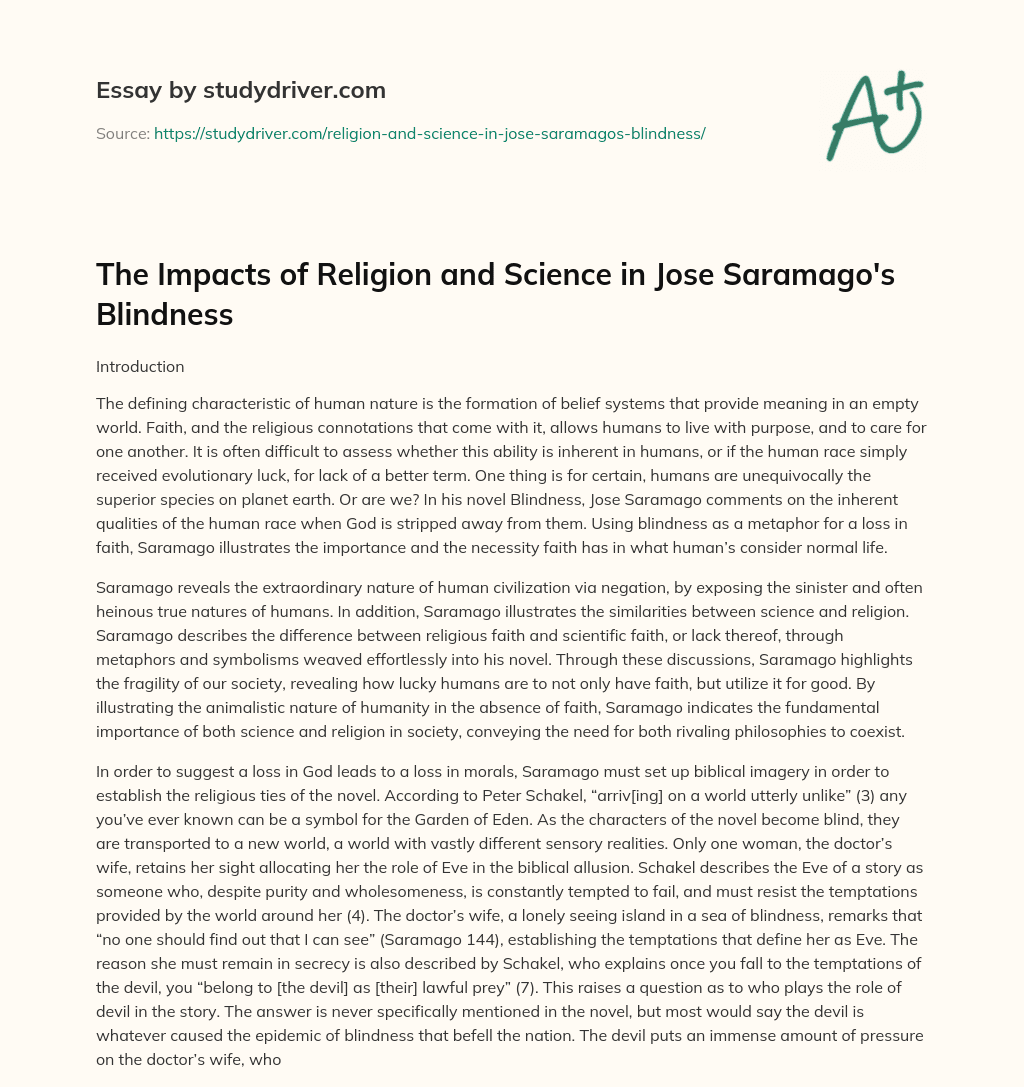 The Impacts of Religion and Science in Jose Saramago’s Blindness essay
