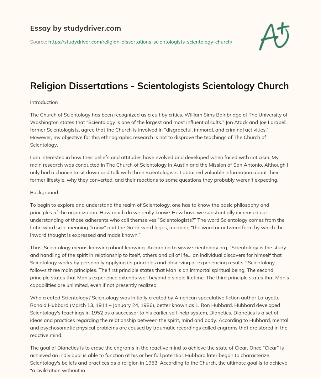 Religion Dissertations – Scientologists Scientology Church essay