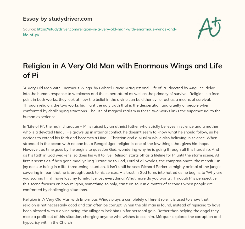 Religion in a very Old Man with Enormous Wings and Life of Pi essay