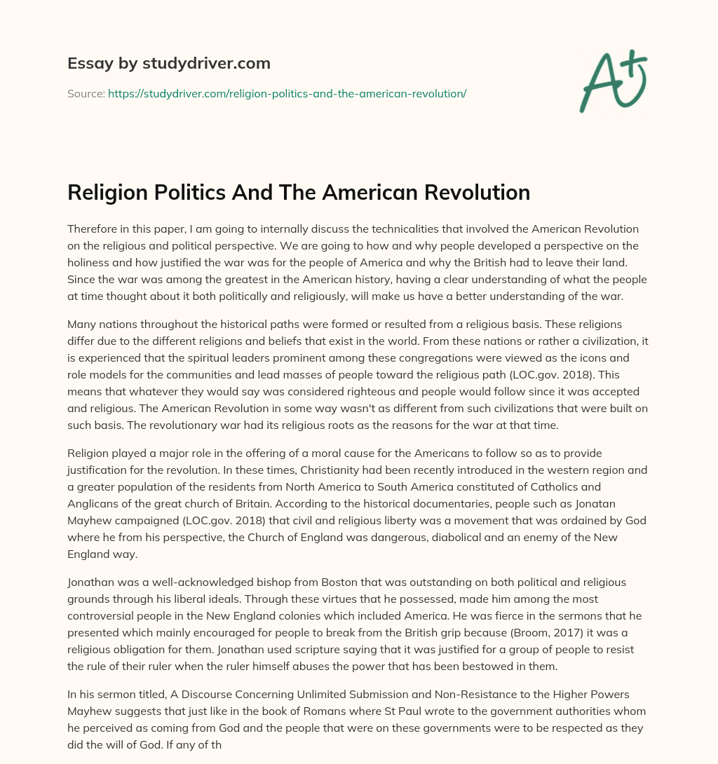 Religion Politics and the American Revolution essay