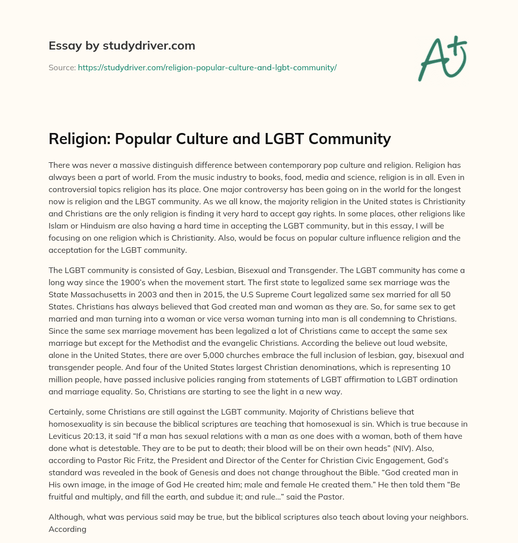Religion: Popular Culture and LGBT Community essay
