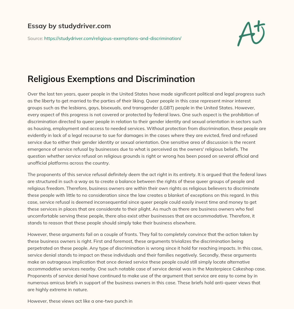 Religious Exemptions and Discrimination essay