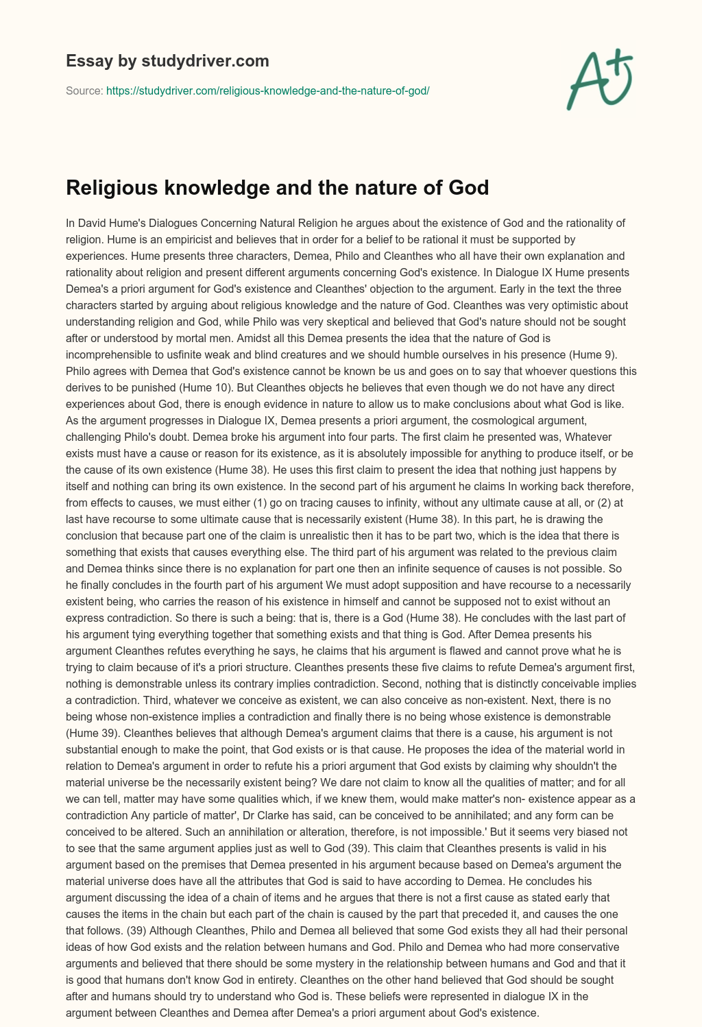 Religious Knowledge and the Nature of God essay