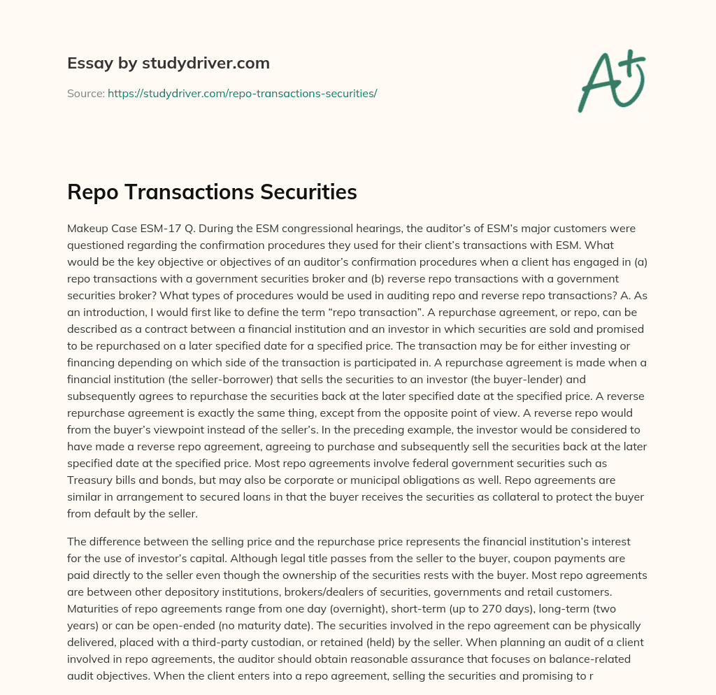 Repo Transactions Securities essay