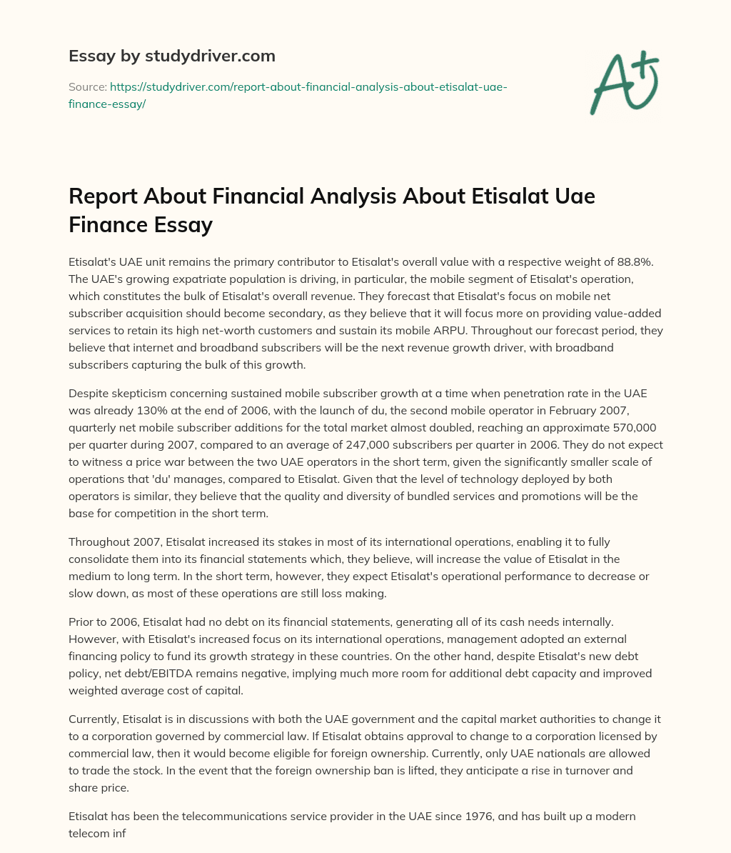 Report about Financial Analysis about Etisalat Uae Finance Essay essay