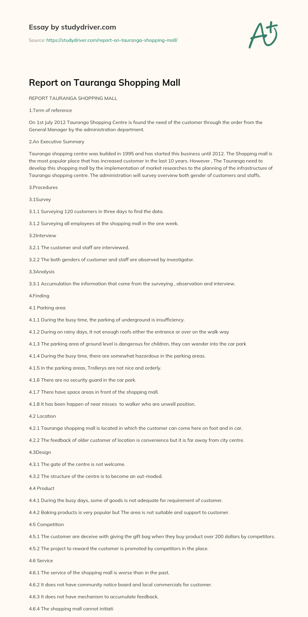 Report on Tauranga Shopping Mall essay