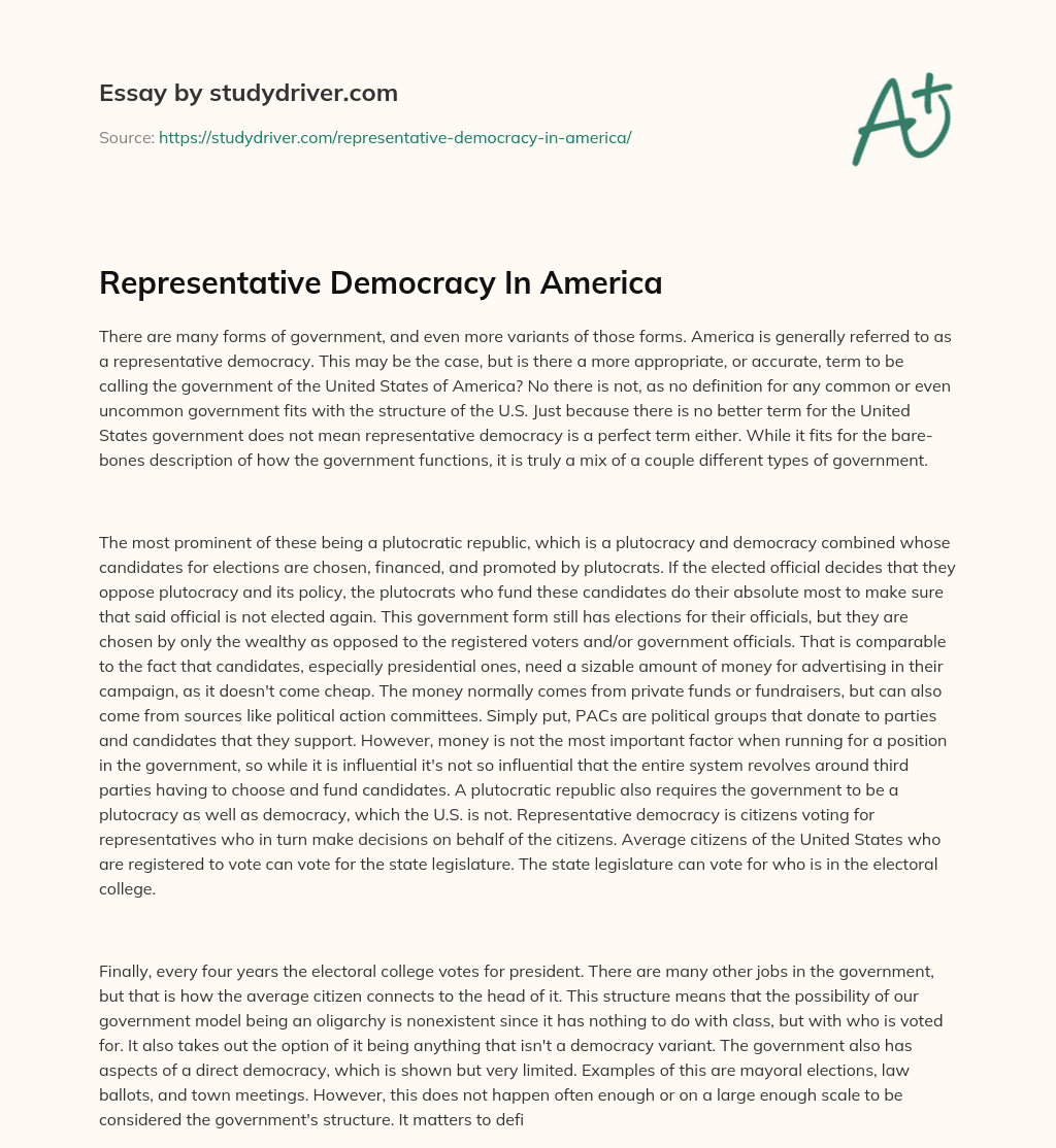 Representative Democracy in America essay