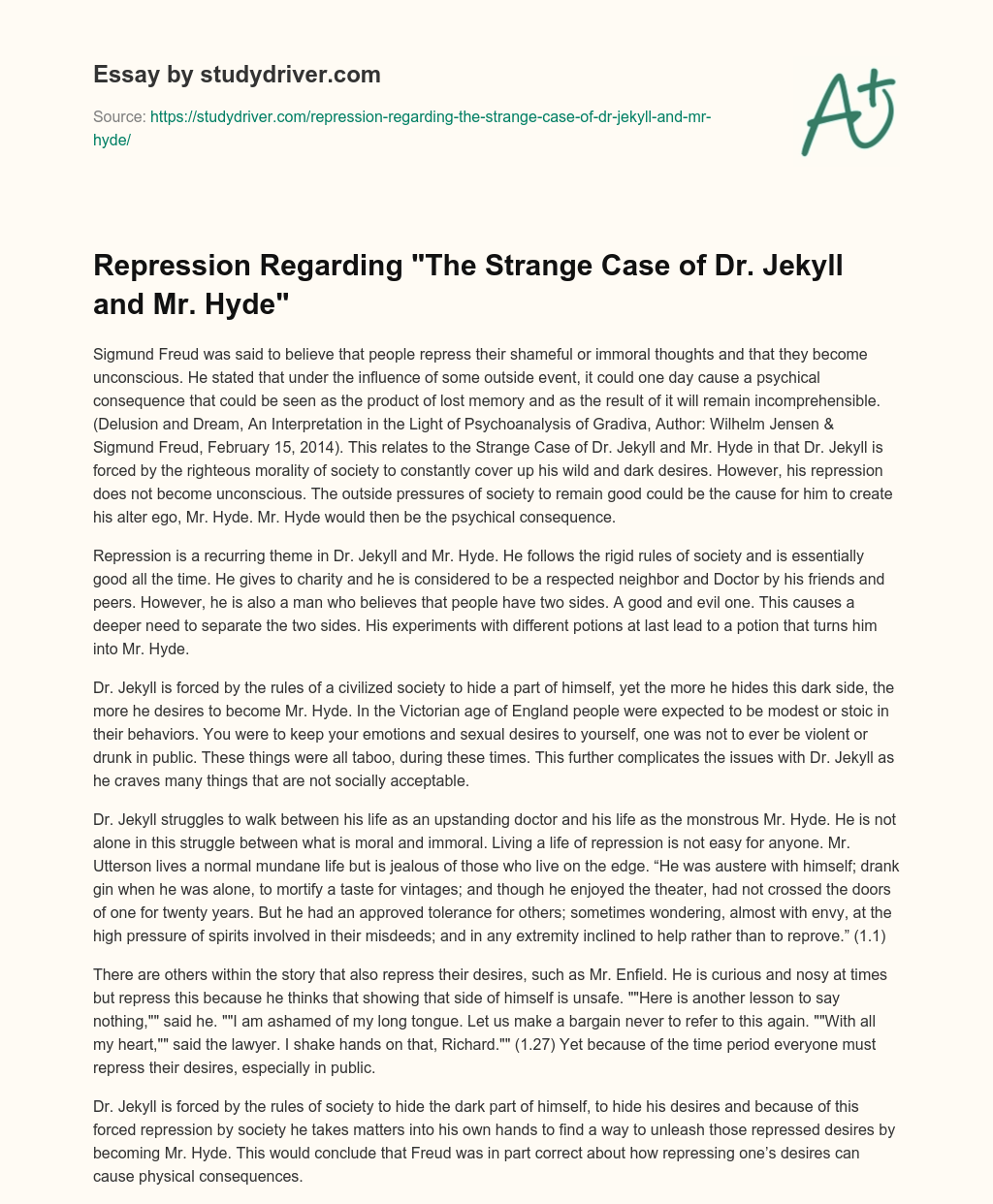 Repression Regarding “The Strange Case of Dr. Jekyll and Mr. Hyde” essay