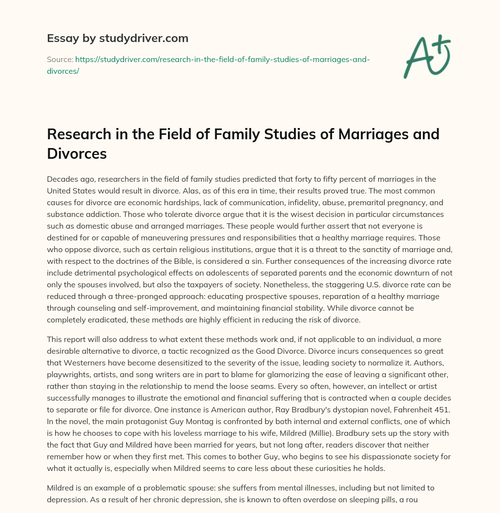 Research in the Field of Family Studies of Marriages and Divorces essay