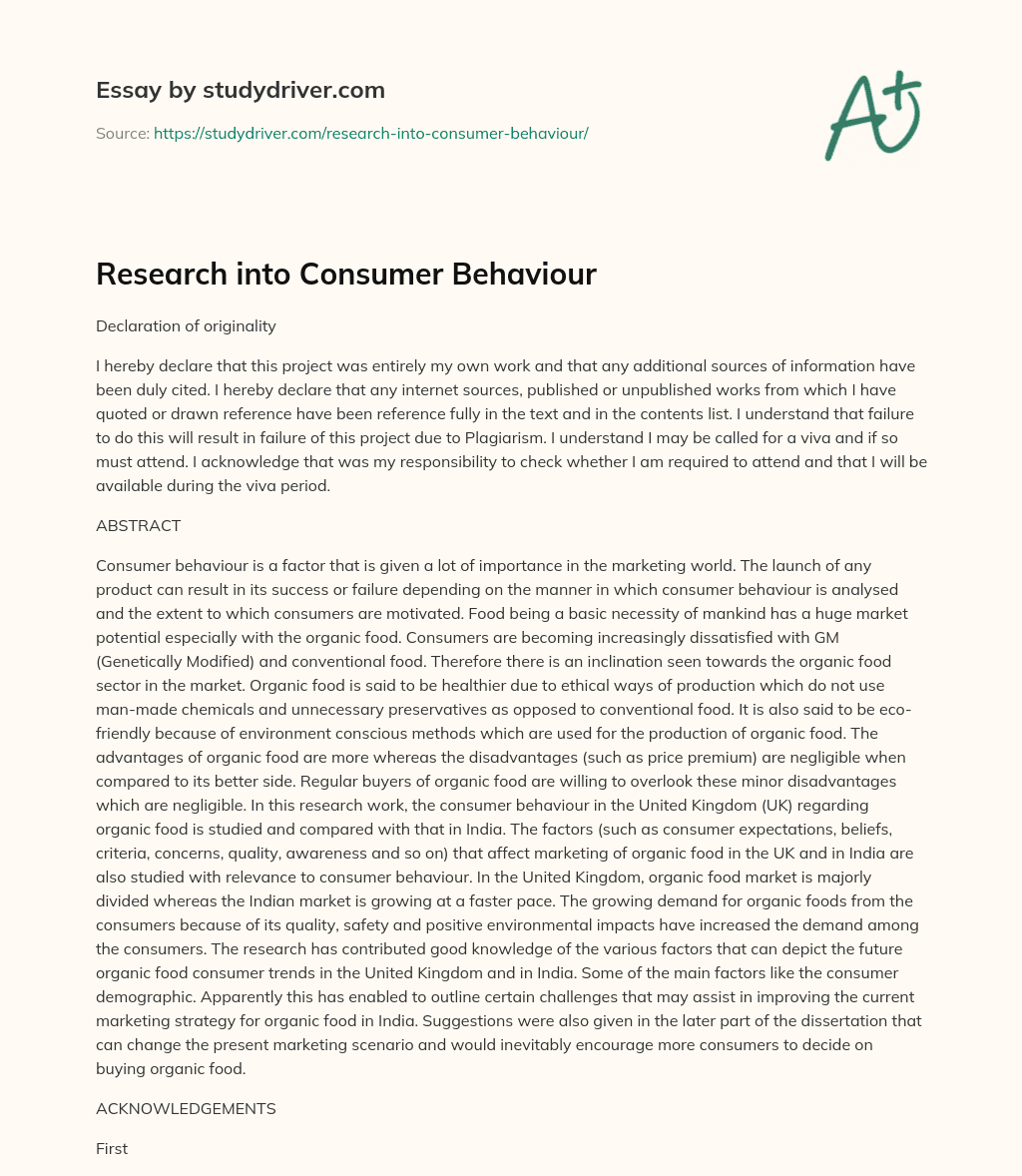 Research into Consumer Behaviour essay