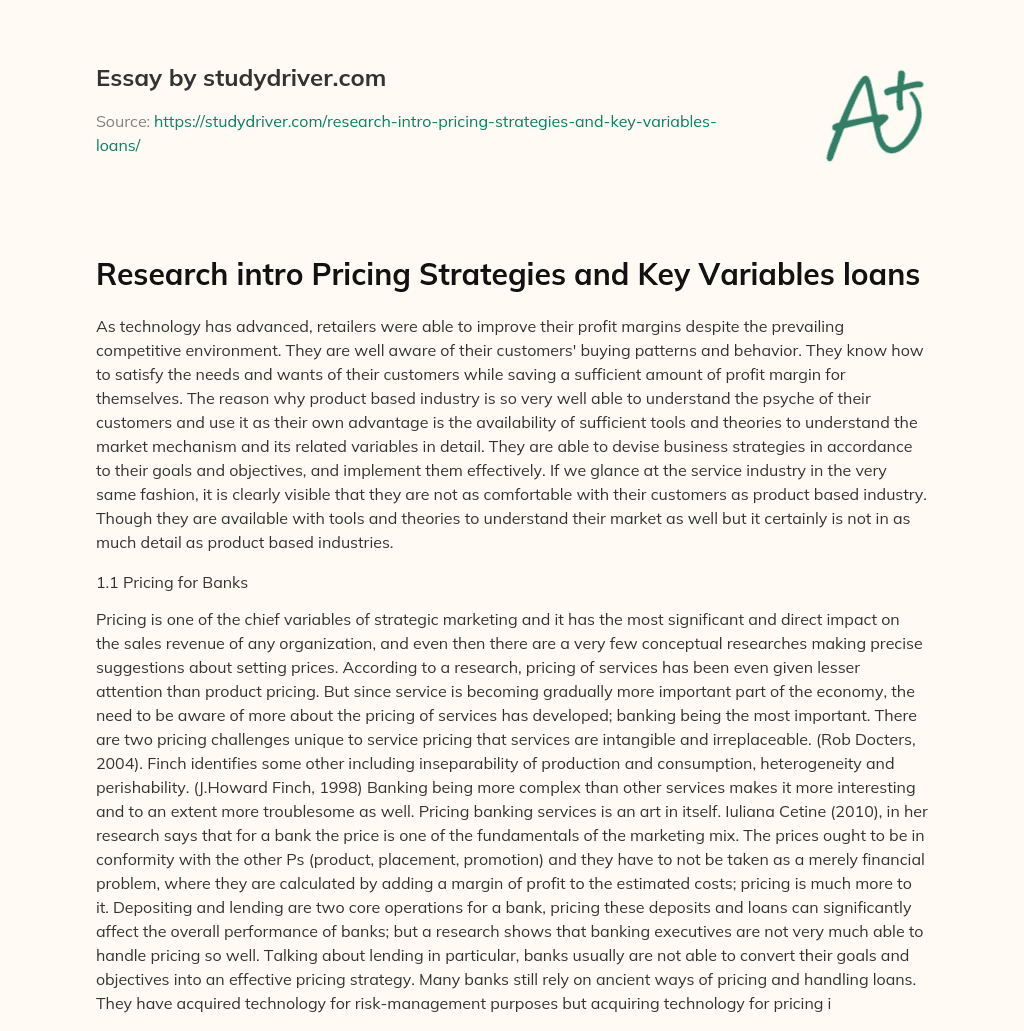 Research Intro Pricing Strategies and Key Variables Loans essay