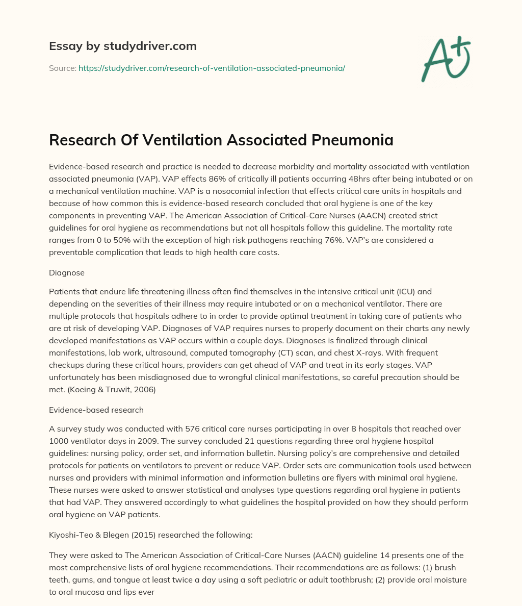 Research of Ventilation Associated Pneumonia essay