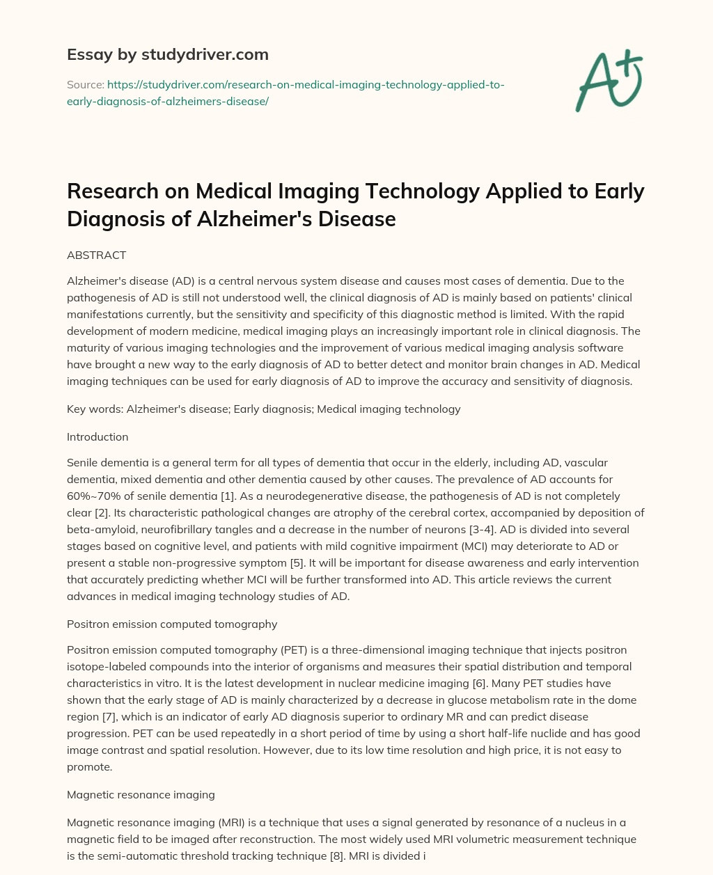 Research on Medical Imaging Technology Applied to Early Diagnosis of Alzheimer’s Disease essay