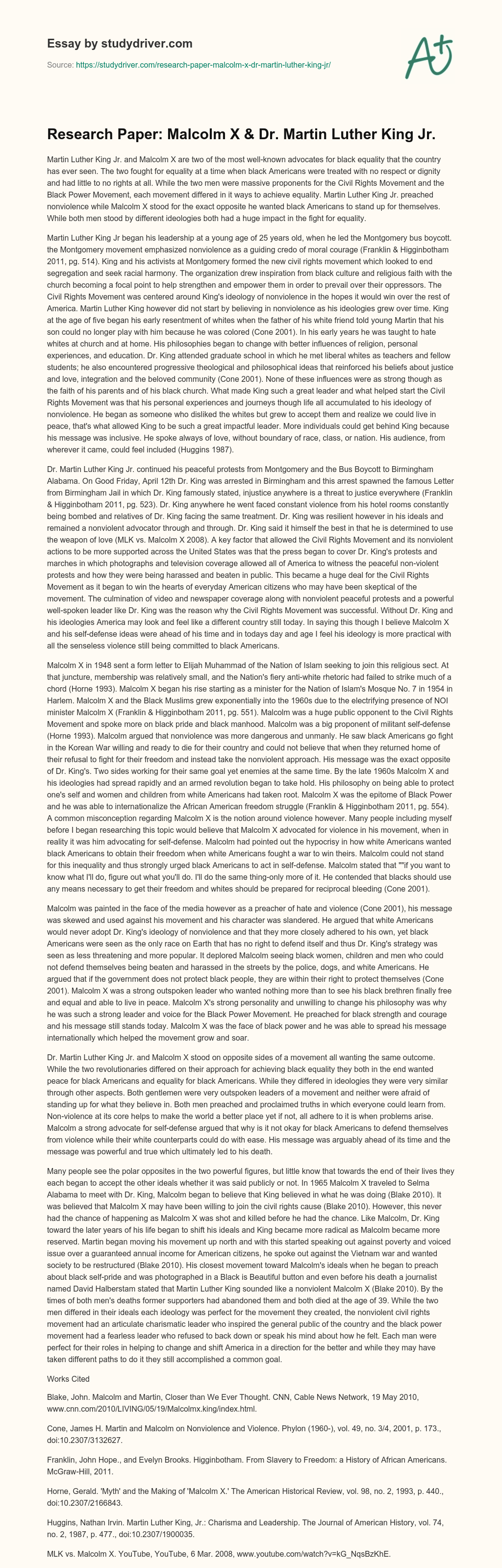 Research Paper: Malcolm X & Dr. Martin Luther King Jr. essay
