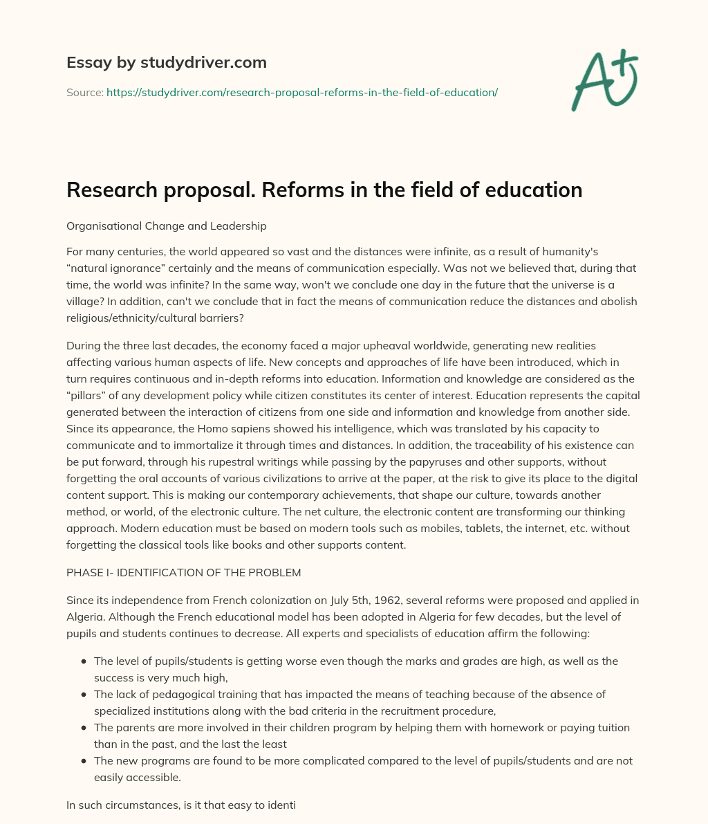 Research Proposal. Reforms in the Field of Education essay