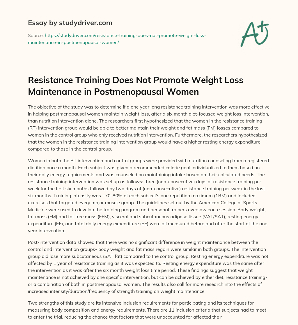 Resistance Training does not Promote Weight Loss Maintenance in Postmenopausal Women essay