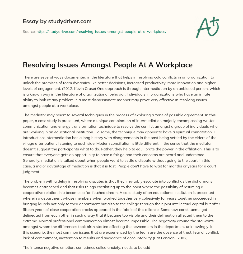 Resolving Issues Amongst People at a Workplace essay