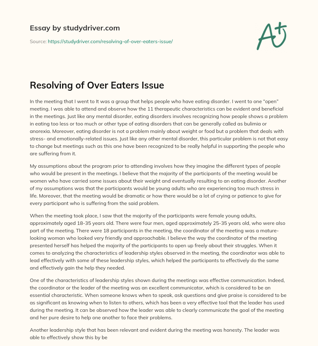 Resolving of over Eaters Issue essay