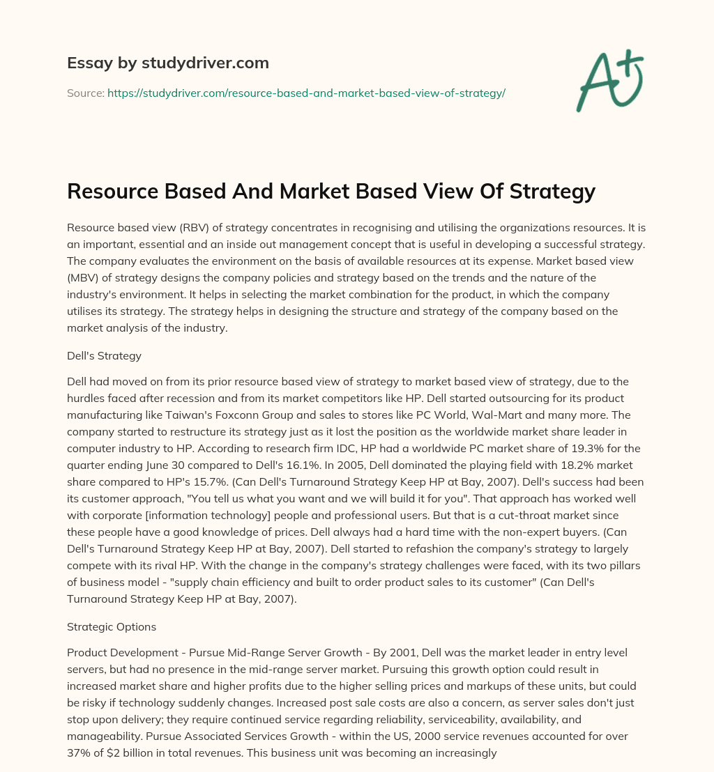 Resource Based and Market Based View of Strategy essay