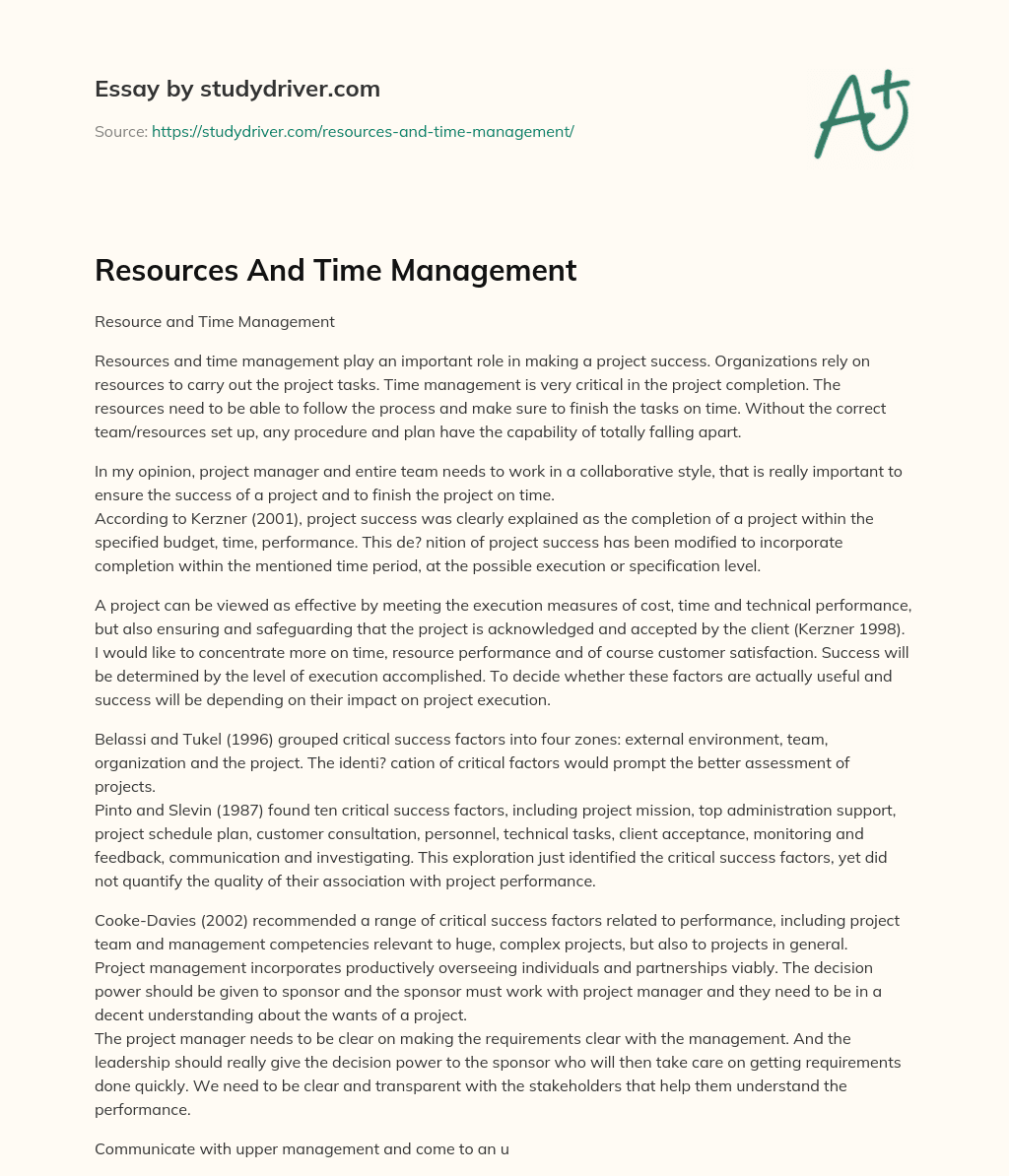 Resources and Time Management essay