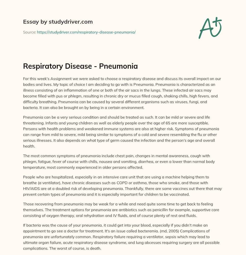 Respiratory Disease – Pneumonia essay