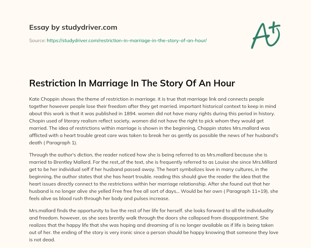 Restriction in Marriage in the Story of an Hour essay