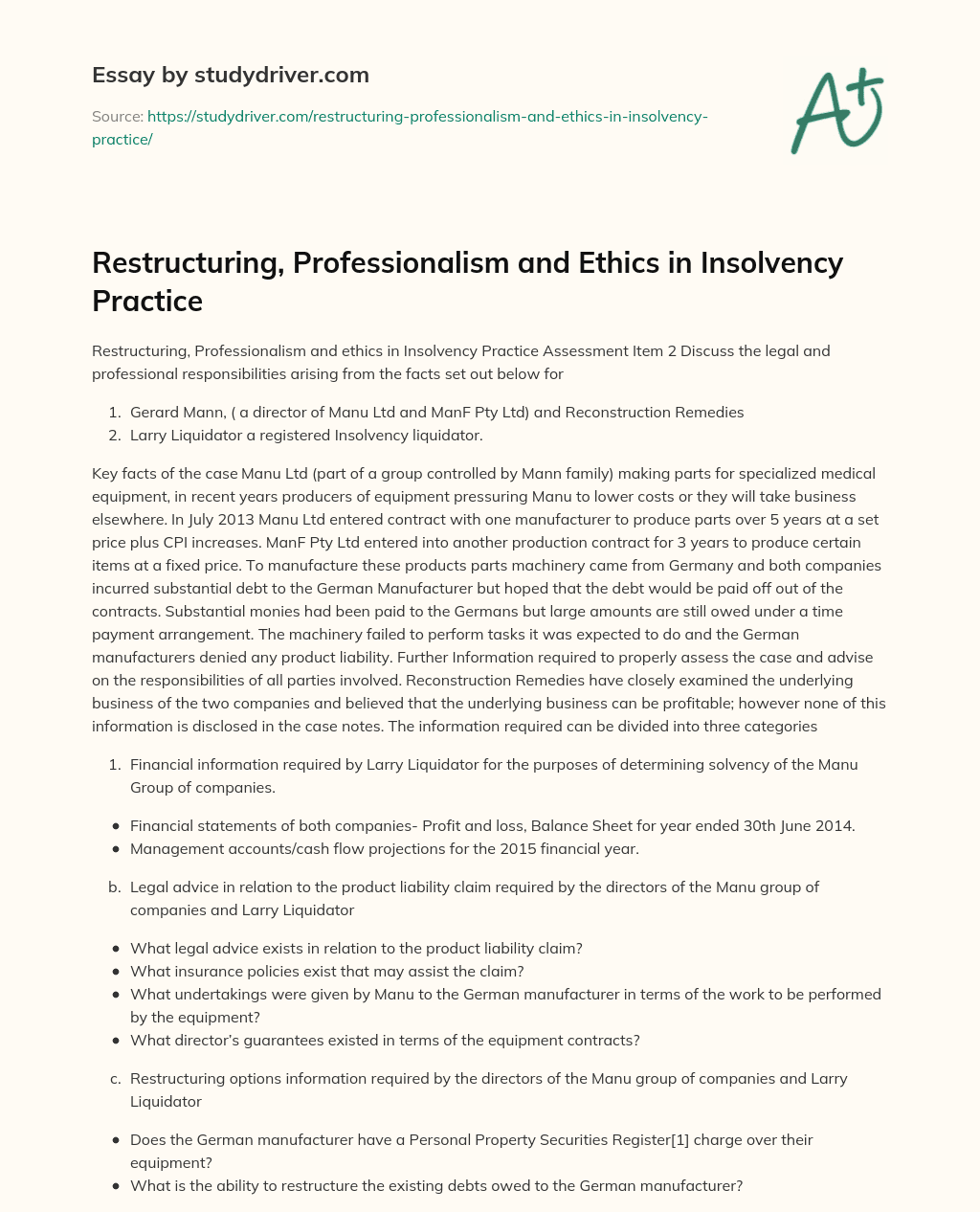 Restructuring, Professionalism and Ethics in Insolvency Practice essay