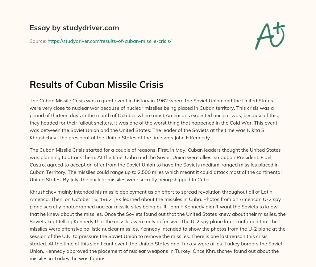 Results of Cuban Missile Crisis essay