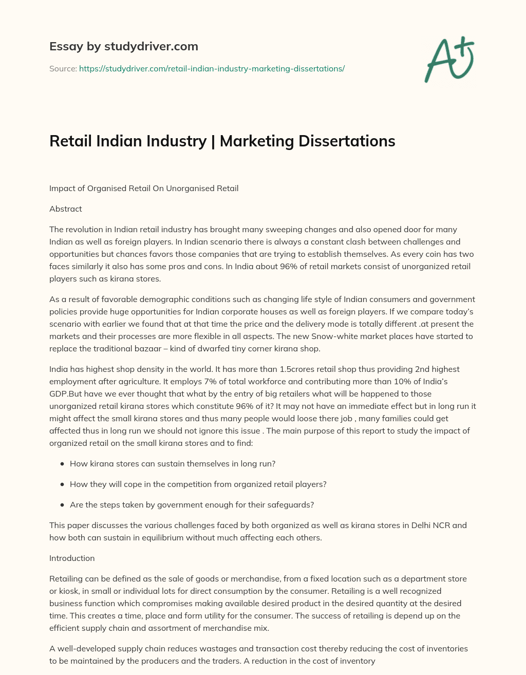 Retail Indian Industry | Marketing Dissertations essay