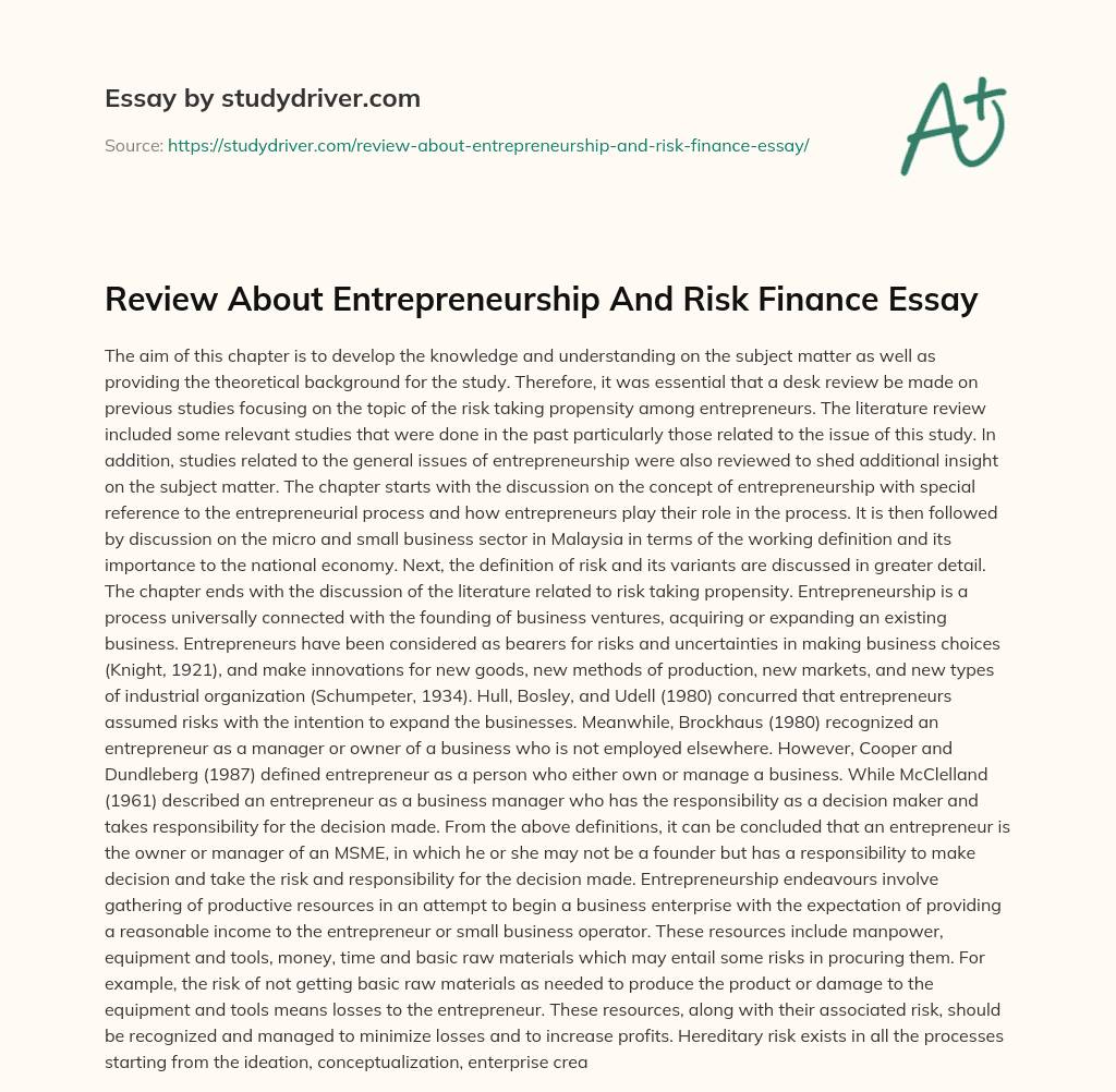 Review about Entrepreneurship and Risk Finance Essay essay