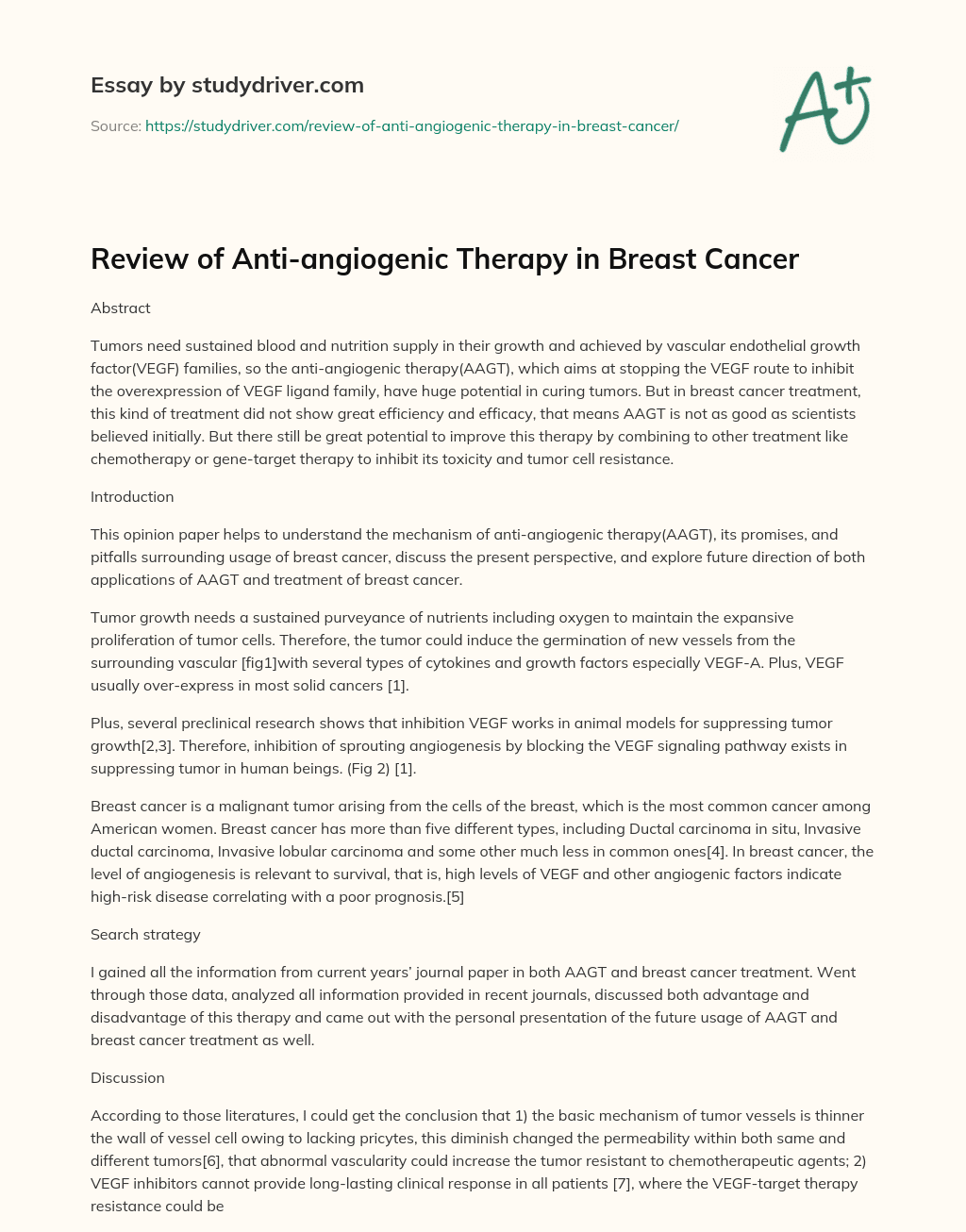 Review of Anti-angiogenic Therapy in Breast Cancer essay