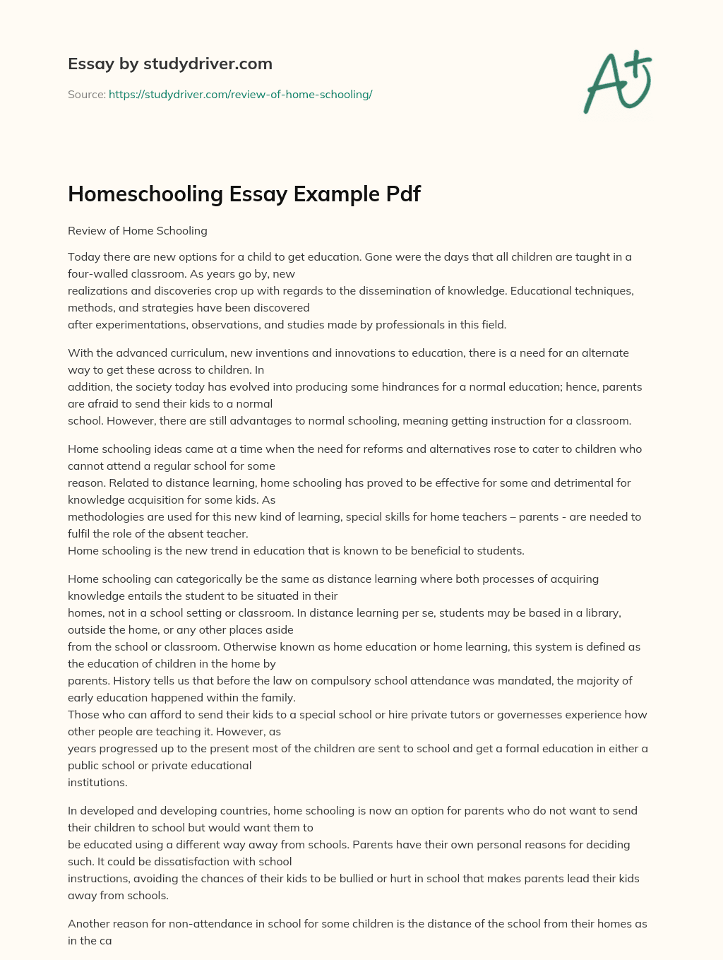 Homeschooling Essay Example Pdf essay