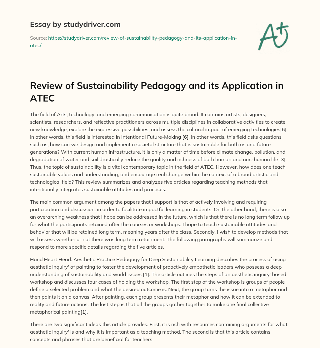 Review of Sustainability Pedagogy and its Application in ATEC essay
