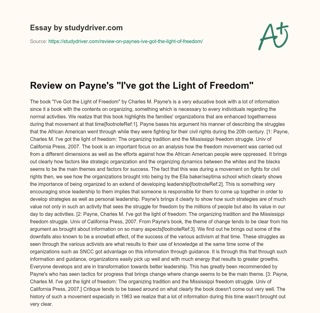 Review on Payne’s “I’ve Got the Light of Freedom” essay