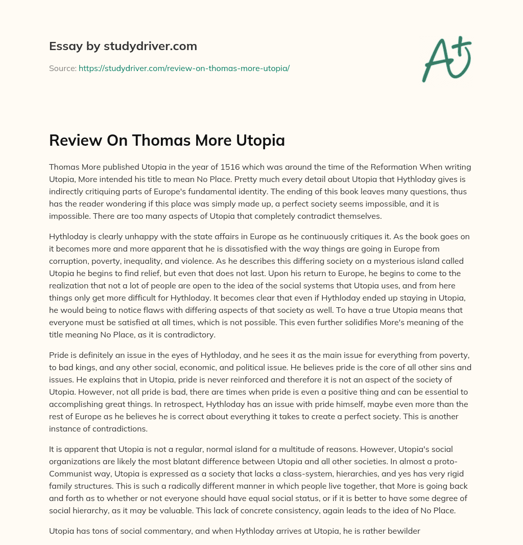 Review on Thomas more Utopia essay