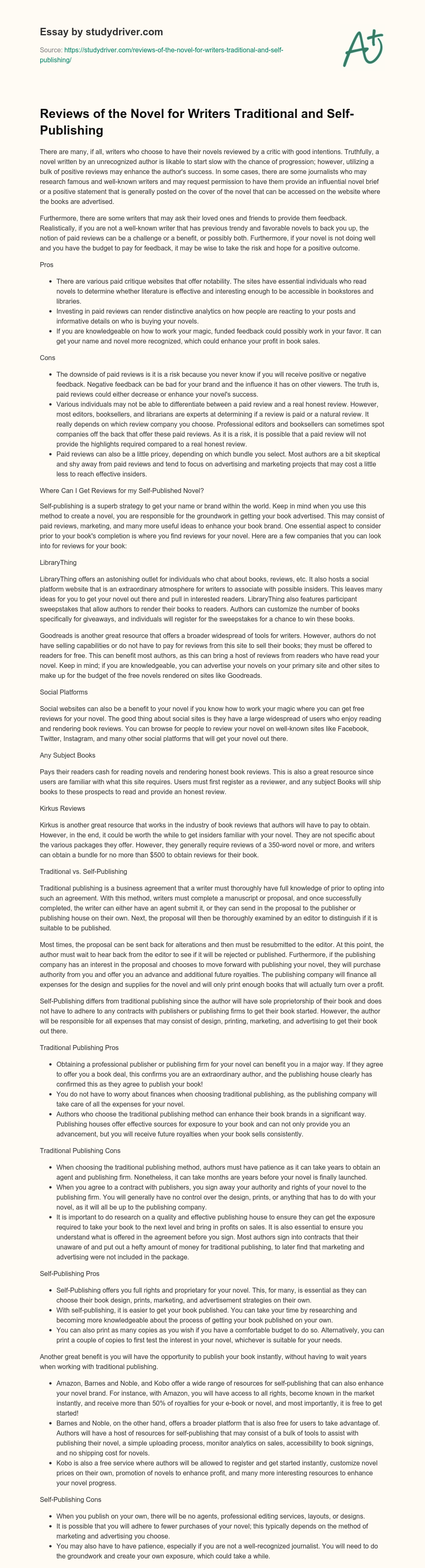 Reviews of the Novel for Writers Traditional and Self-Publishing essay