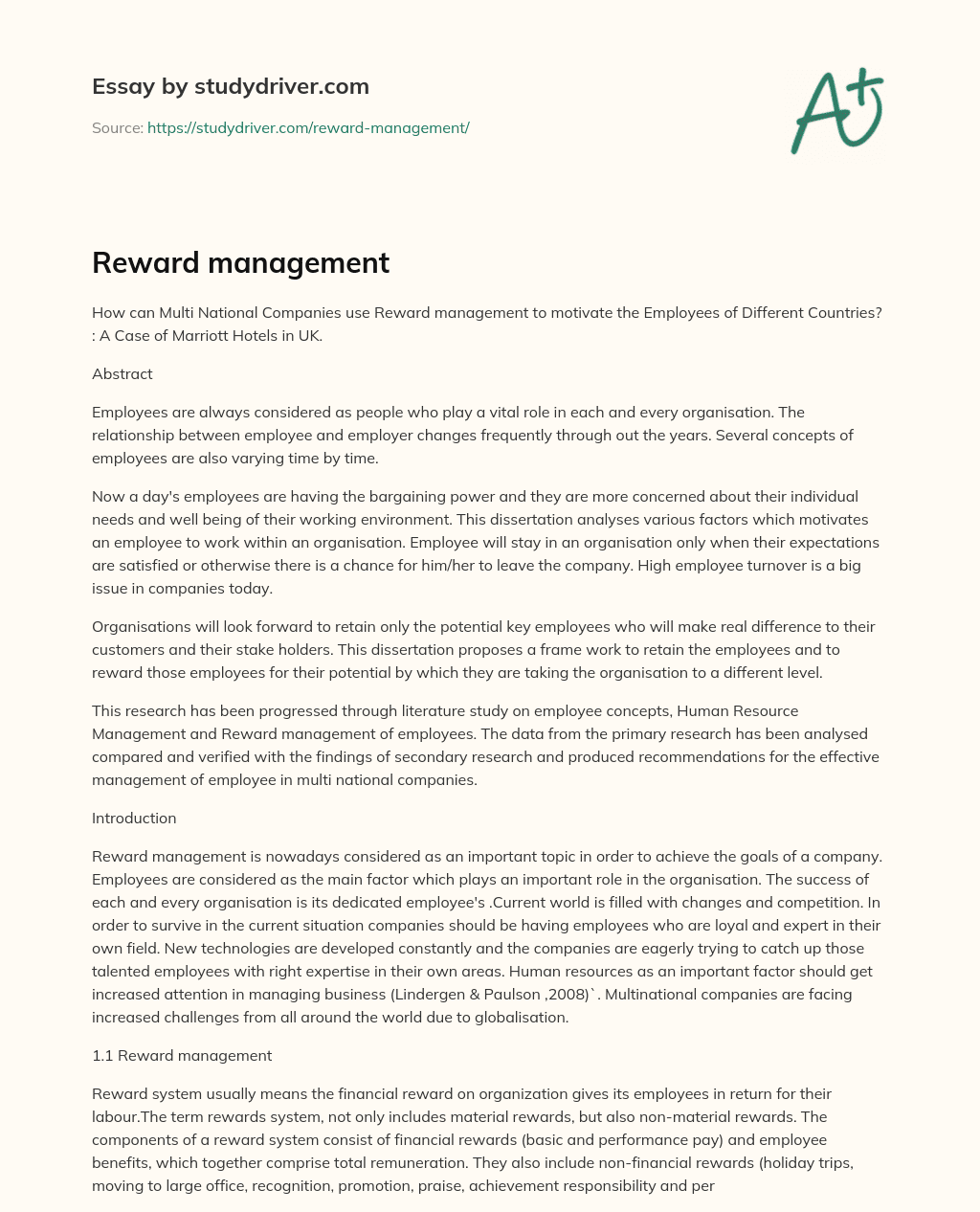 Reward Management essay