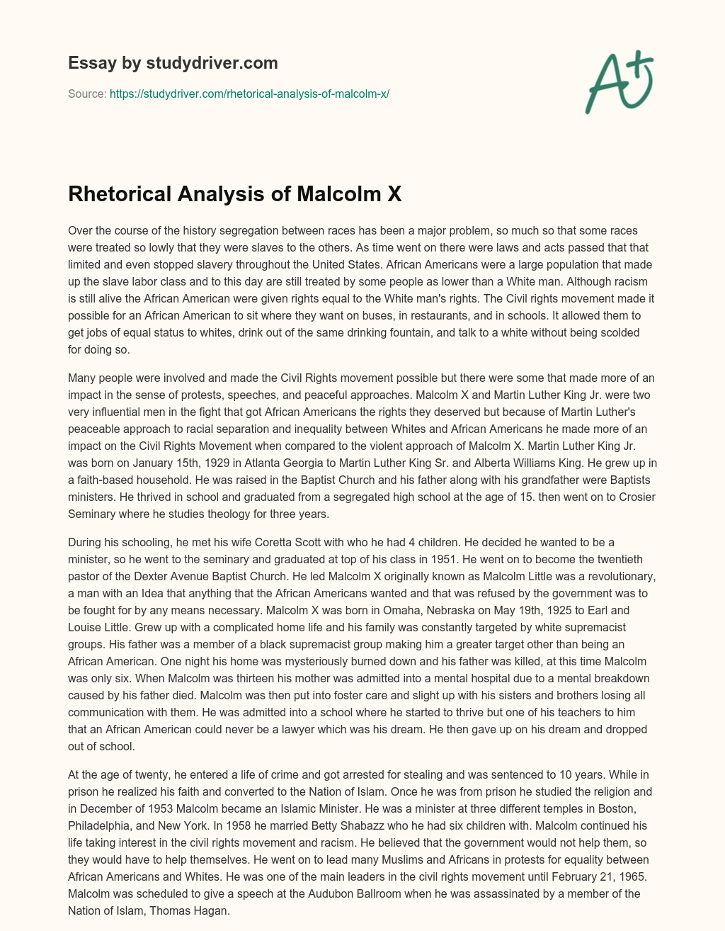 Rhetorical Analysis of Malcolm X essay