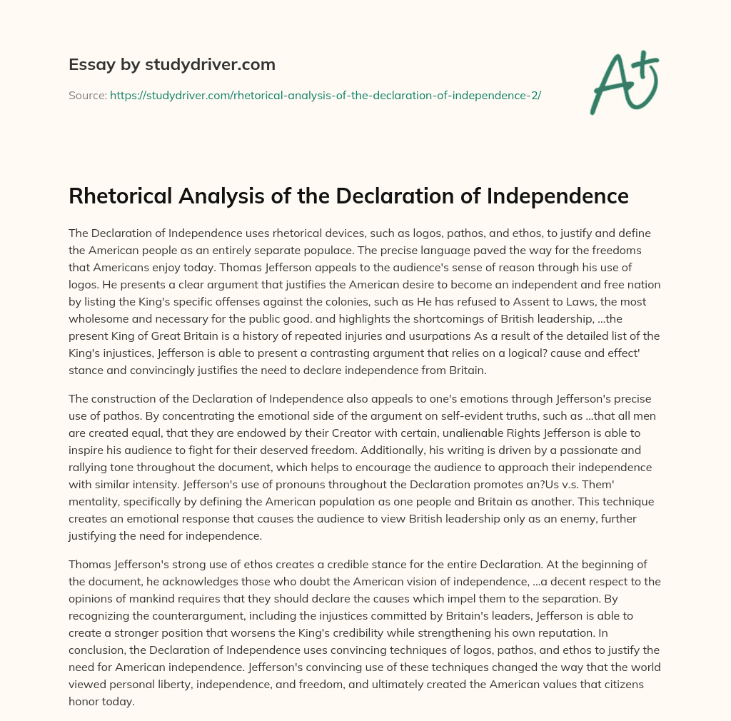 Rhetorical Analysis of the Declaration of Independence essay