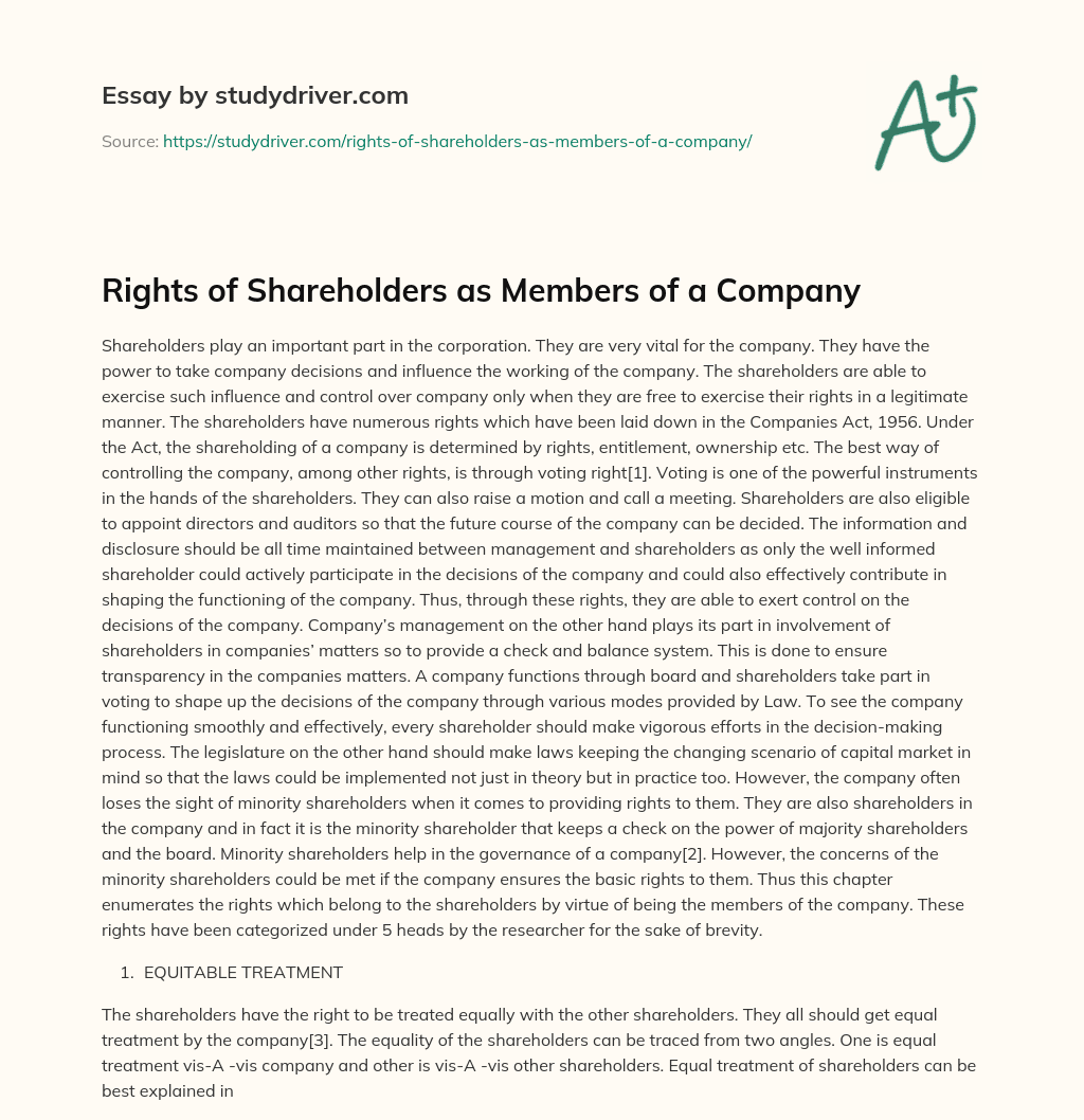 Rights of Shareholders as Members of a Company essay