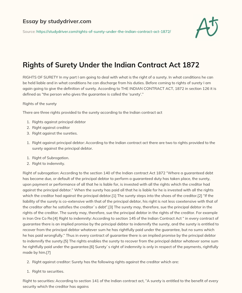 Rights of Surety under the Indian Contract Act 1872 essay